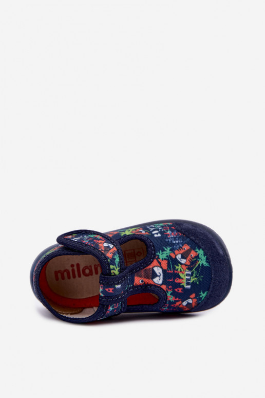 Elastische kinderpantoffels Milami met klittenband en junglepaternen in donkerblauw Ambette