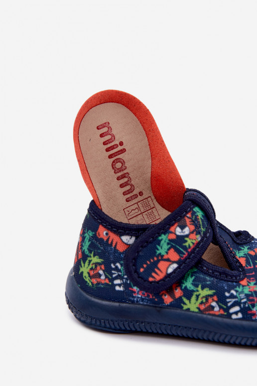 Chaussons élastiques pour enfants Milami avec fermetures auto-agrippantes et motifs de jungle en bleu marine Ambette