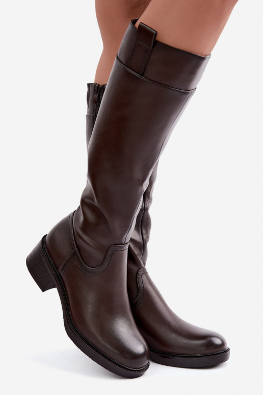 Lange laarzen met lage hak Zazoo KZ-22 in chocolade kleur