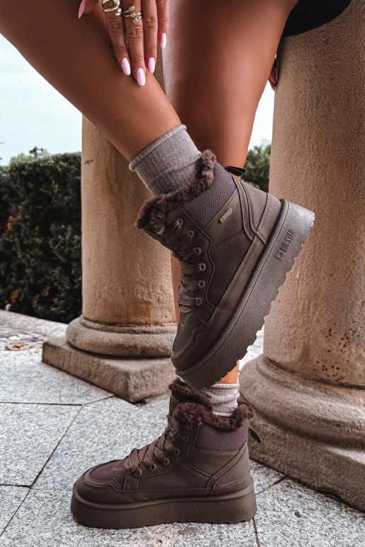 Damen Schneestiefel mit Schnürsenkeln und Fell dunkelbraun Big Star