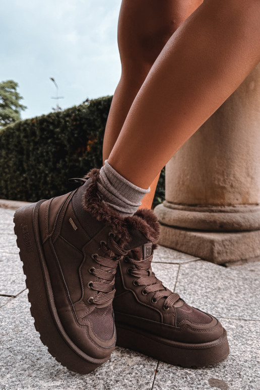 Damen Schneestiefel mit Schnürsenkeln und Fell dunkelbraun Big Star