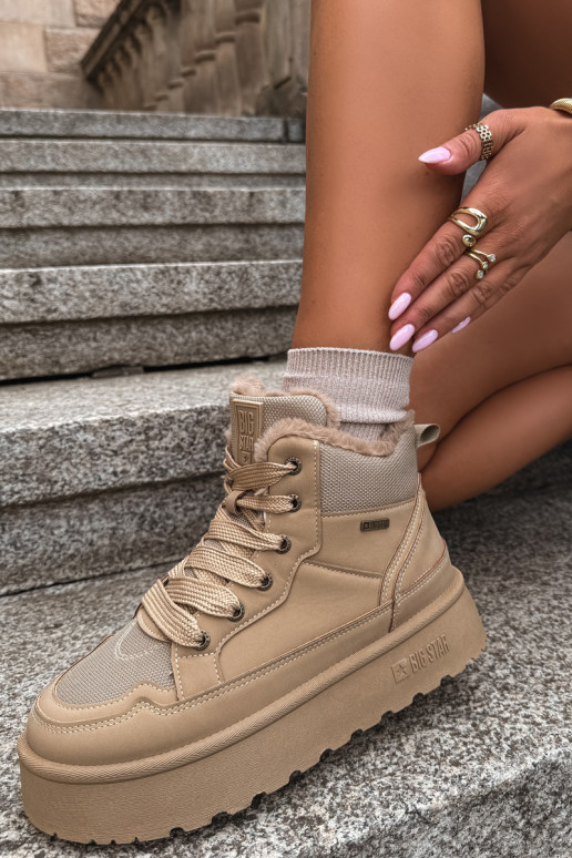 Damen Schneestiefel mit Schnürsenkeln und Fell sandfarben Big Star