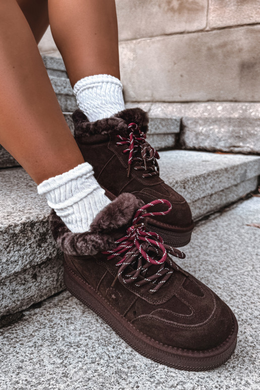 faux suede sneeuwschoenen voor dames met veters Big Star UU274312 in chocoladekleur