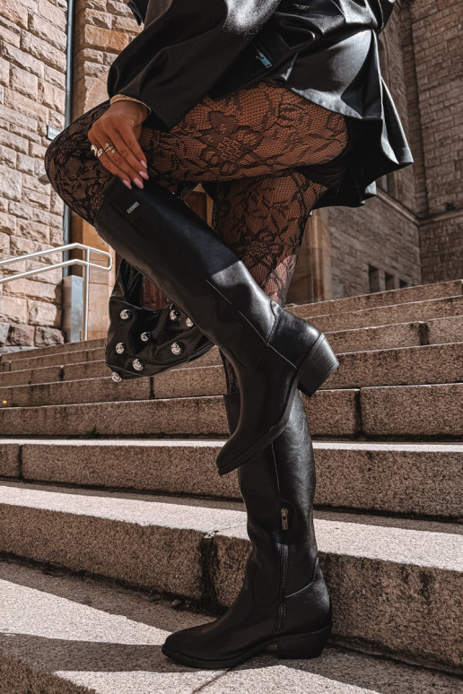 natürliches Leder Damenstiefel bis zum Knie mit niedrigem Absatz isoliert Big Star UU274521 in schwarzer Farbe
