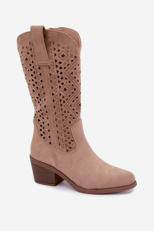 Stiefel bis zum Knie mit Ausschnitt-Elementen im Cowboy-Stil mit Absätzen S.Barski HY62-8126 in Sand