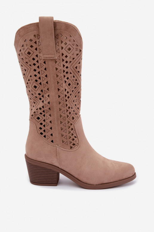 Stiefel bis zum Knie mit Ausschnitt-Elementen im Cowboy-Stil mit Absätzen S.Barski HY62-8126 in Sand