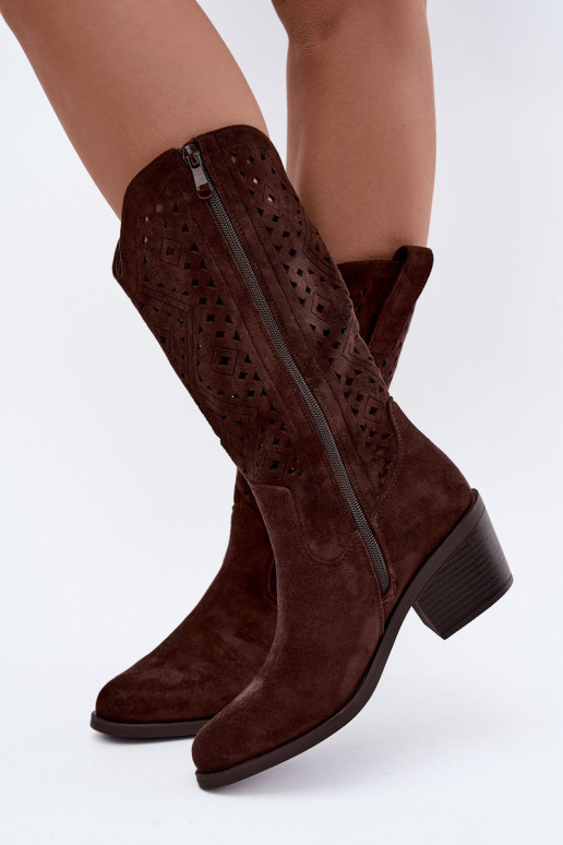 Stiefel bis zum Knie mit Ausschnitt-Elementen im Cowboy-Stil mit Absätzen S.Barski HY62-8126 in Schokolade