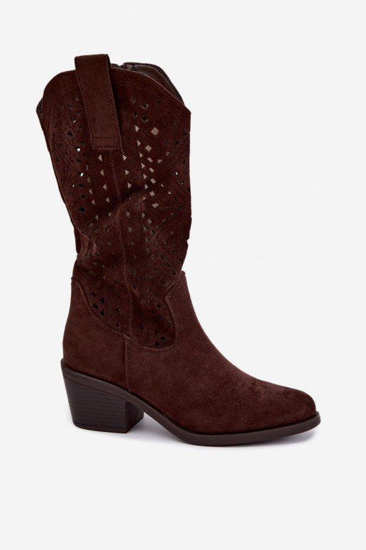 bottes hautes avec éléments découpés dans un style cowboy avec talons S.Barski HY62-8126 couleur chocolat