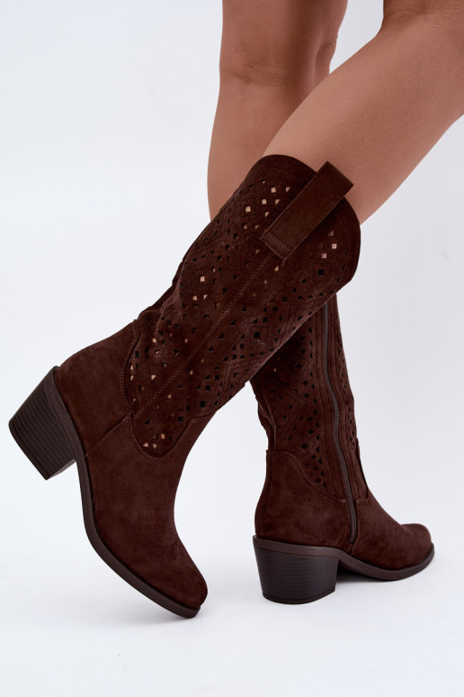 Stiefel bis zum Knie mit Ausschnitt-Elementen im Cowboy-Stil mit Absätzen S.Barski HY62-8126 in Schokolade