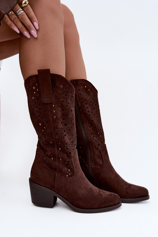 Stiefel bis zum Knie mit Ausschnitt-Elementen im Cowboy-Stil mit Absätzen S.Barski HY62-8126 in Schokolade