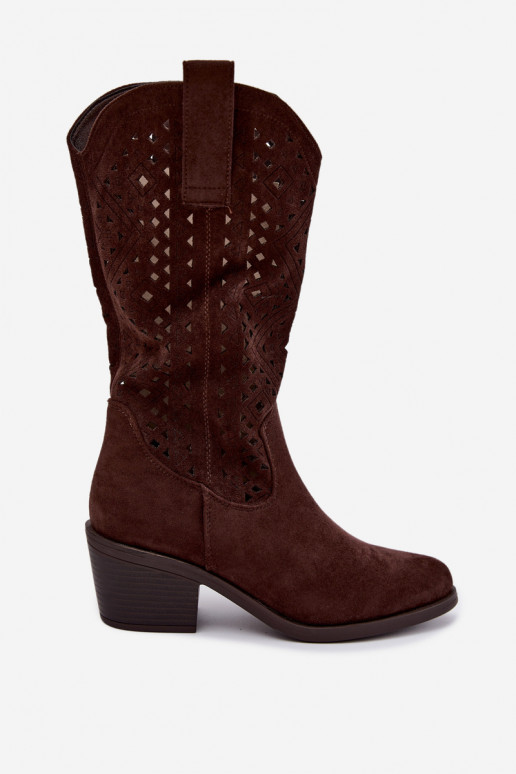 bottes hautes avec éléments découpés dans un style cowboy avec talons S.Barski HY62-8126 couleur chocolat