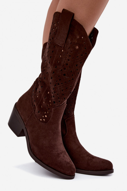 Stiefel bis zum Knie mit Ausschnitt-Elementen im Cowboy-Stil mit Absätzen S.Barski HY62-8126 in Schokolade