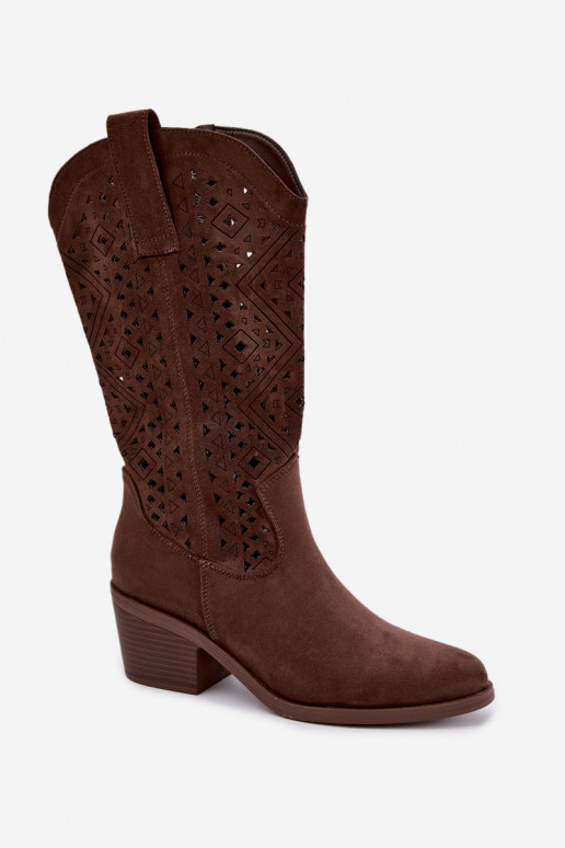 bottes hautes avec éléments découpés dans un style cowboy avec talons S.Barski HY62-8126 couleur marron