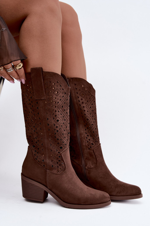 Stiefel bis zum Knie mit Ausschnitt-Elementen im Cowboy-Stil mit Absätzen S.Barski HY62-8126 in Braun