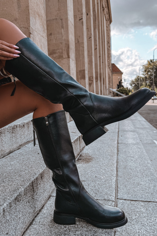 Schwarze kniehohe Stiefel aus Kunstleder für Damen mit breiten Absätzen und Futter D&A JC62-1036