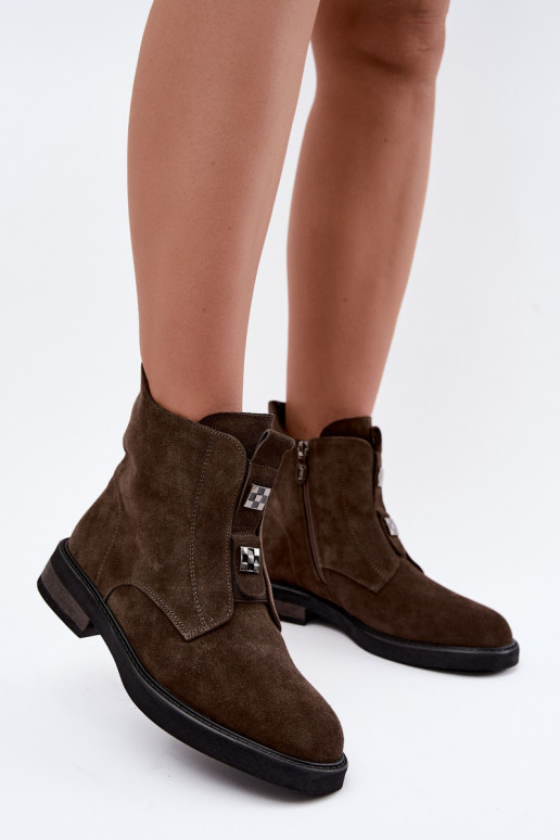 Faux suede gevoerde enkellaarsjes met brede hakken D&A CR62-3334 donkerbruin