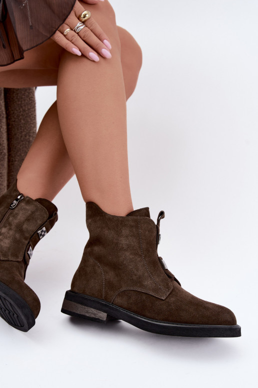 Faux suede gevoerde enkellaarsjes met brede hakken D&A CR62-3334 donkerbruin