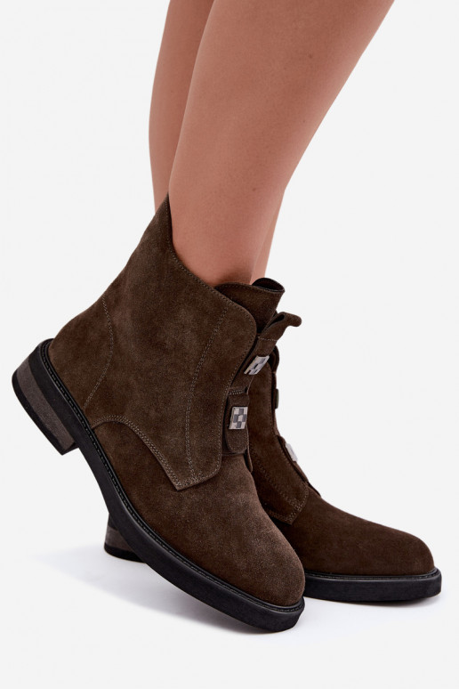 Faux-Suede gefütterte Stiefeletten mit breiten Absätzen D&A CR62-3334 dunkelbraun