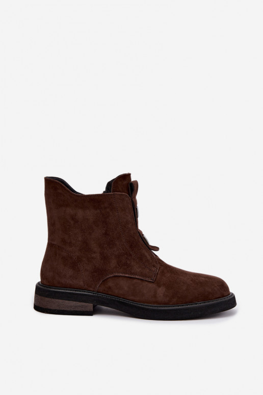 Faux suede gevoerde enkellaarsjes met brede hakken D&A CR62-3335 chocolade