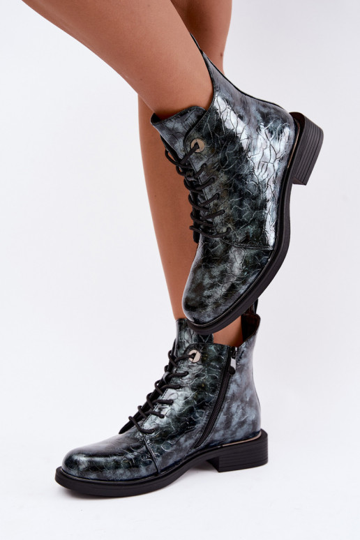 Gefütterte Stiefeletten mit Lackeffekt und Prägung S.Barski HY62-8140 blau