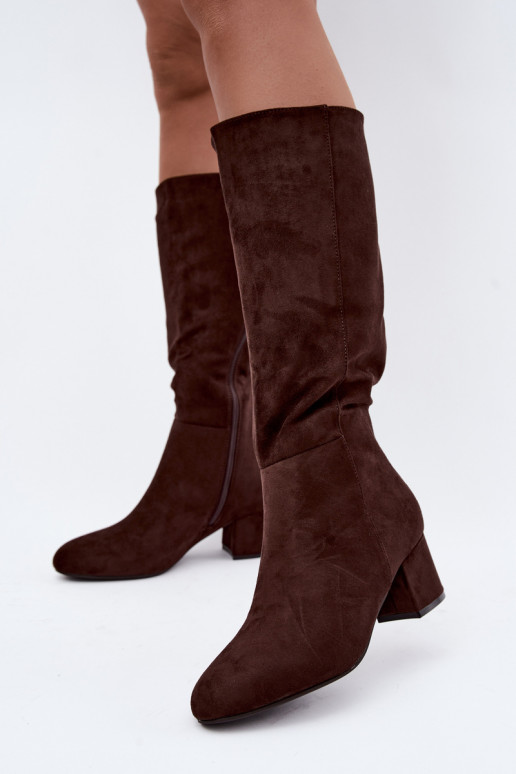 Dames lange laarzen met hakken gevoerd S.Barski HY62-8131 chocolade