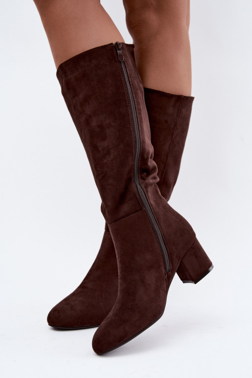 Damenlange Stiefel mit Absatz gefüttert S.Barski HY62-8131 schokoladenbraun