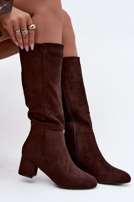 Dames lange laarzen met hakken gevoerd S.Barski HY62-8131 chocolade