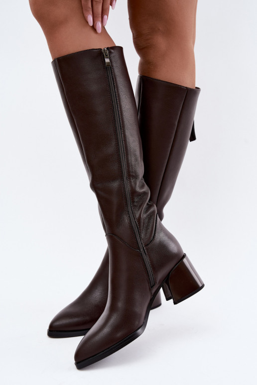 Leder gefütterte Damenlange Stiefel mit Absatz D&A JC62-1069 schokoladenbraun