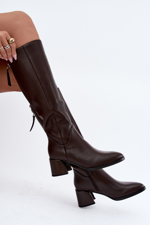 Leder gefütterte Damenlange Stiefel mit Absatz D&A JC62-1069 schokoladenbraun