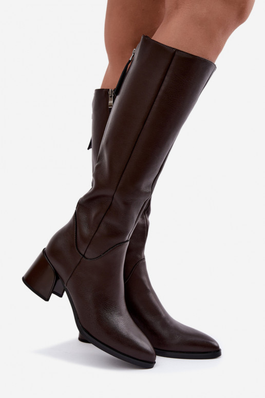 Leder gefütterte Damenlange Stiefel mit Absatz D&A JC62-1069 schokoladenbraun