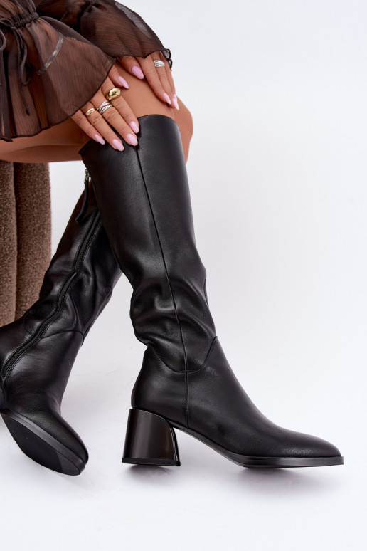Leren lange laarzen voor dames met hakken gevoerd D&A JC62-1069 zwart