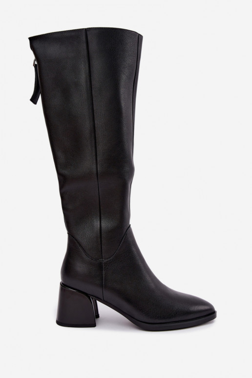 Leder gefütterte Damenlange Stiefel mit Absatz D&A JC62-1069 schwarz