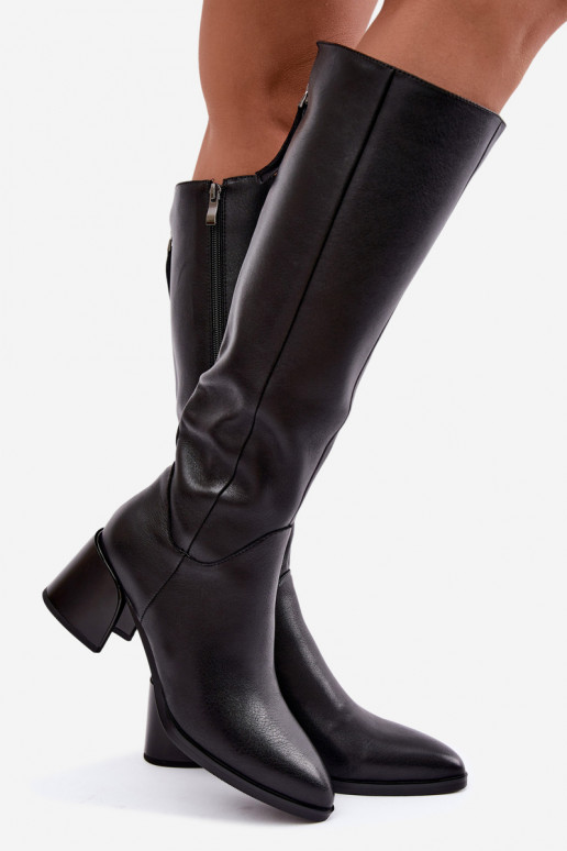 Leder gefütterte Damenlange Stiefel mit Absatz D&A JC62-1069 schwarz
