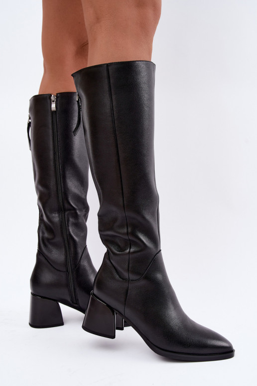 Leder gefütterte Damenlange Stiefel mit Absatz D&A JC62-1069 schwarz