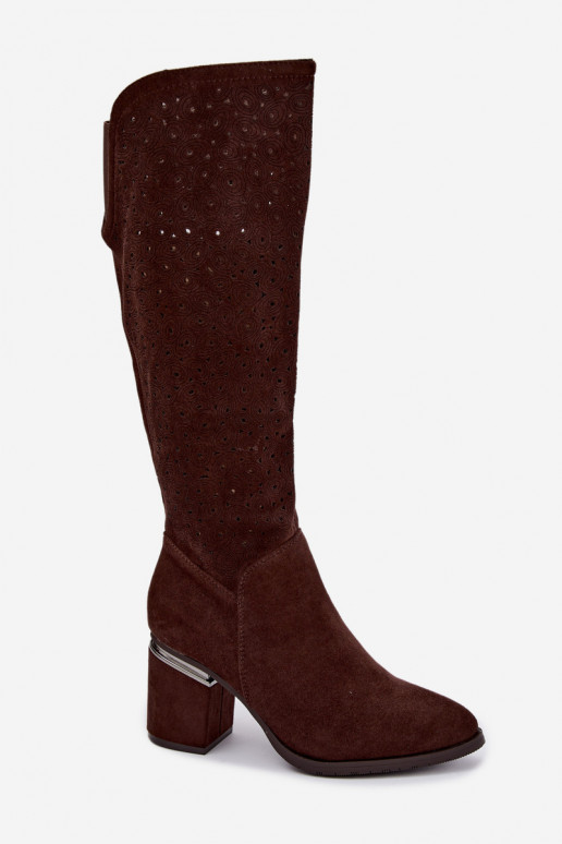 Lange Stiefel mit Ausschnitten und Absatz S.Barski HY62-8122 schokoladenbraun