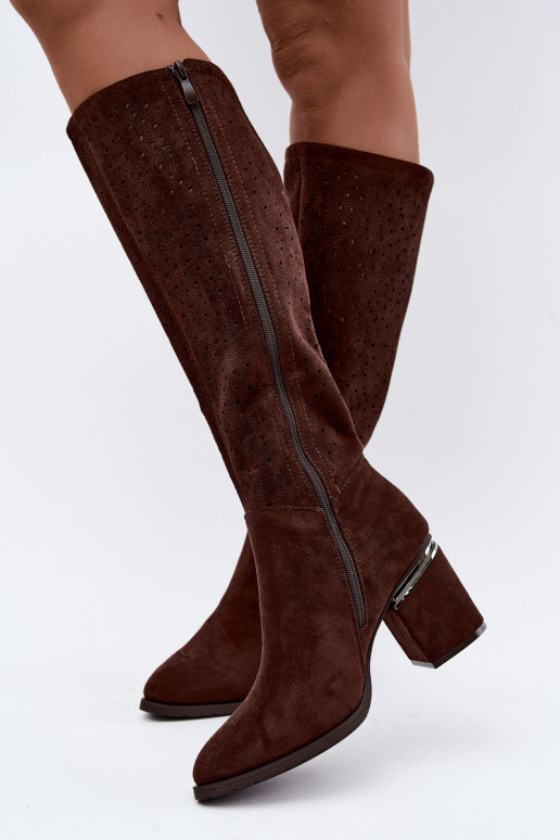 Lange laarzen met uitsnijdingen en hakken S.Barski HY62-8122 chocolade