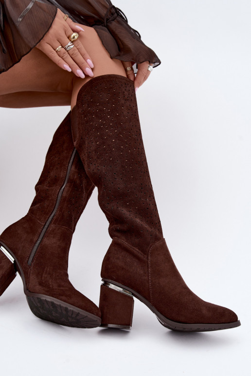 Lange Stiefel mit Ausschnitten und Absatz S.Barski HY62-8122 schokoladenbraun