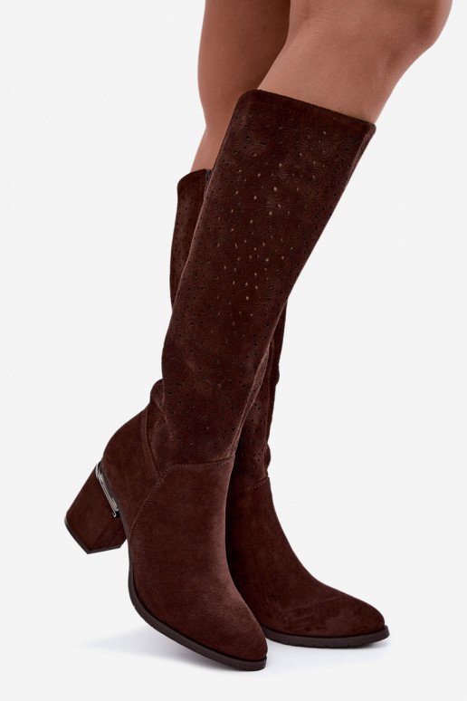 Lange Stiefel mit Ausschnitten und Absatz S.Barski HY62-8122 schokoladenbraun