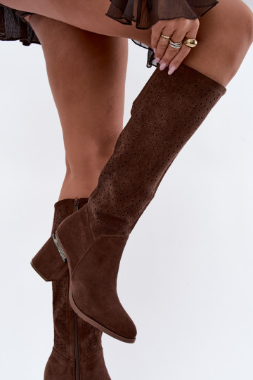 Lange Stiefel mit Ausschnitten und Absatz S.Barski HY62-8122 braun 2