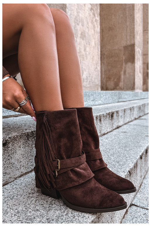 Bottines de style cowboy avec franges, rubans et boucles chocolat Corvella