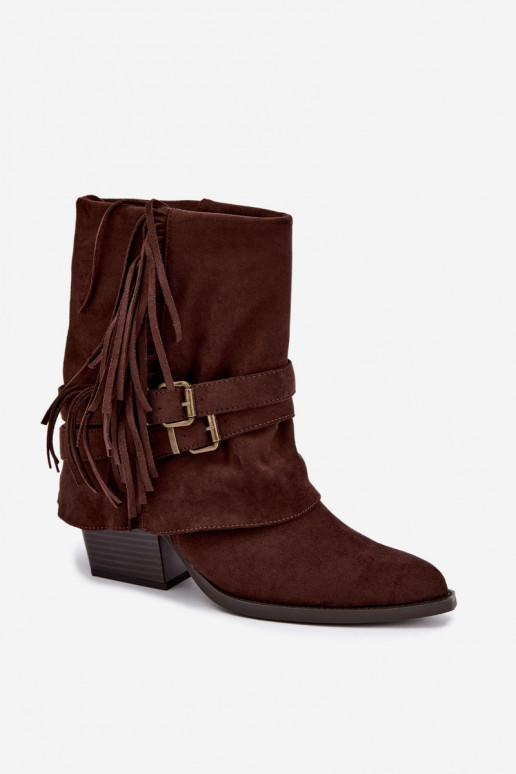 Cowboy-stijl enkellaarsjes met franjes, linten en gespen D&A CR62-3334 chocolade Corvella