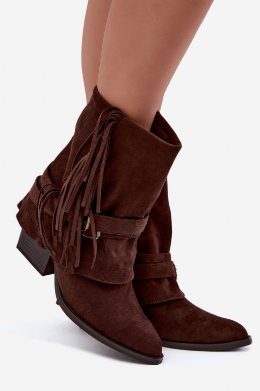 Bottines de style cowboy avec franges, rubans et boucles chocolat Corvella