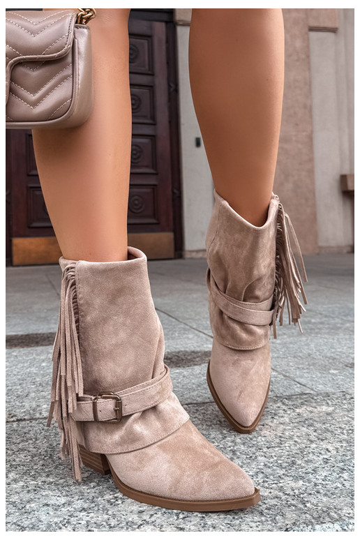 Bottines de style cowboy avec franges, rubans et boucles sable Corvella