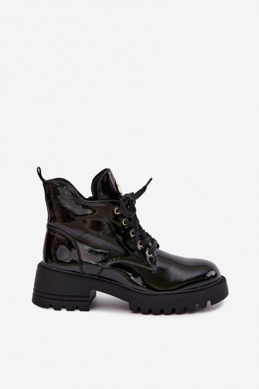Bottines chaudes avec effet verni et détails dorés en noir Kavirae