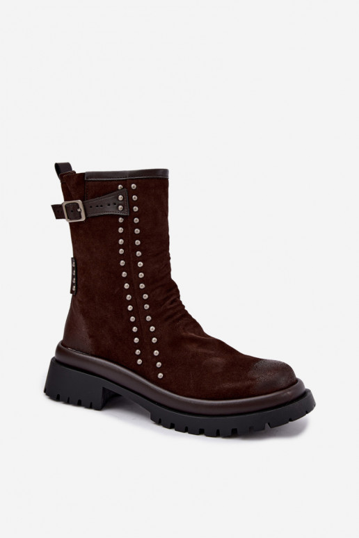 Wärmende Stiefeletten aus Kunstveloursleder mit Schnallen in Schokolade Tai turiciejka K7727-02