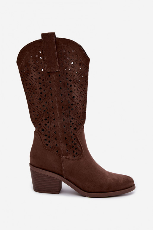 kniehoge laarzen met uitsnijdetelementen in cowboystijl met hakken S.Barski HY62-8126 in bruin