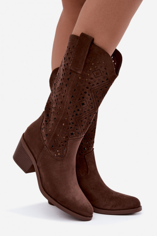 Stiefel bis zum Knie mit Ausschnitt-Elementen im Cowboy-Stil mit Absätzen S.Barski HY62-8126 in Braun