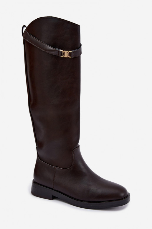 Damen kniehohe Stiefel mit breiten Absätzen und dekorativen Riemen in Schokoladenfarbe Tarelle
