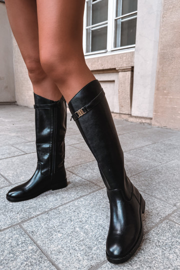 Schwarze Damen kniehohe Stiefel mit breiten Absätzen und dekorativen Riemen Tarelle