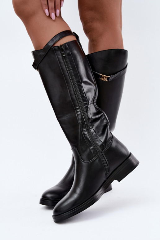 Schwarze Damen kniehohe Stiefel mit breiten Absätzen und dekorativen Riemen Tarelle